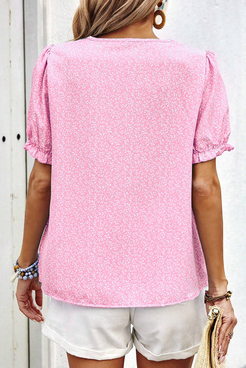 Artisan Floral Embroidery Puff Sleeve Printed V Neck Top